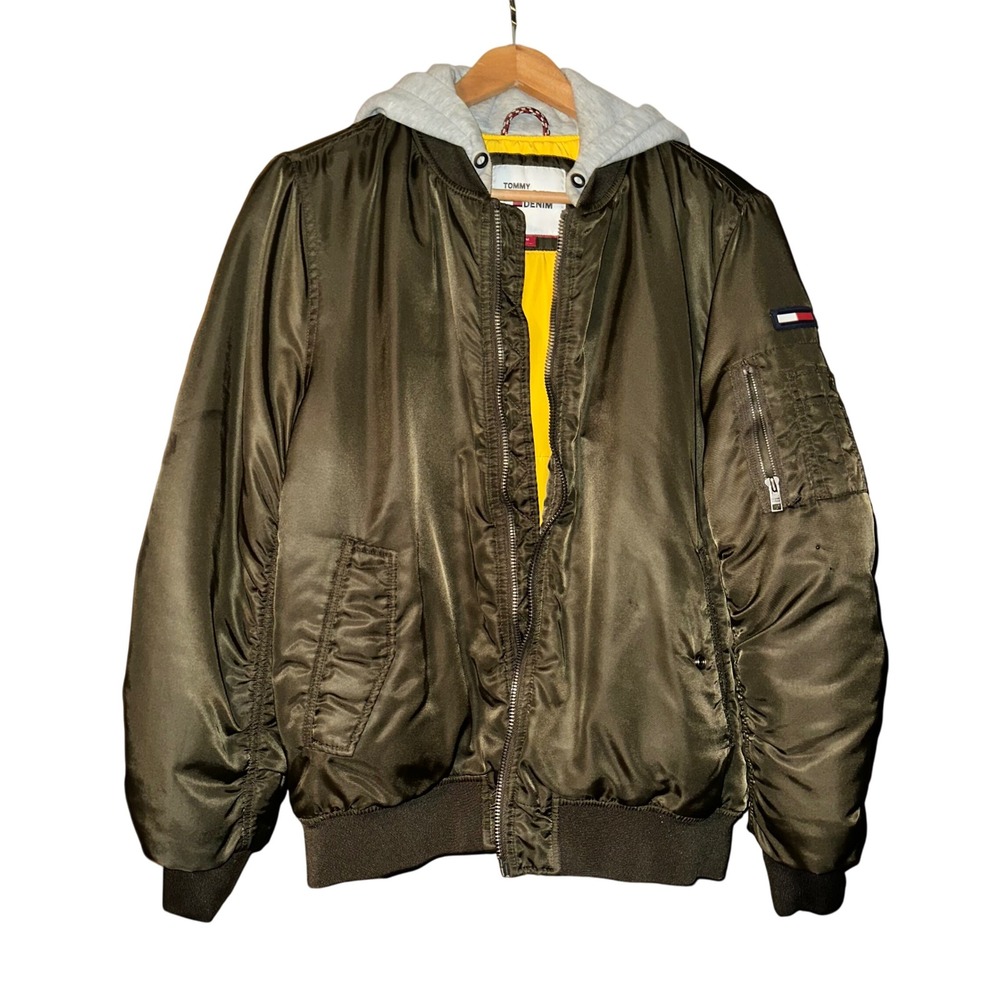 Tommy Hilfiger Olive Green Bomber Jacket with Gray Hood, Men's medium‎